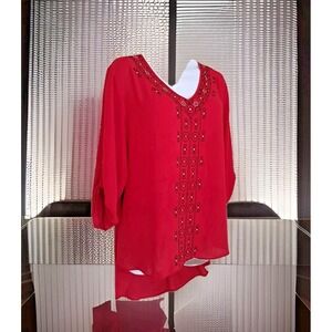 Cato Woman Tunic Top 22/24 Red Black Embroidery Hi Lo Hem Roll Tab Sleeve Boho